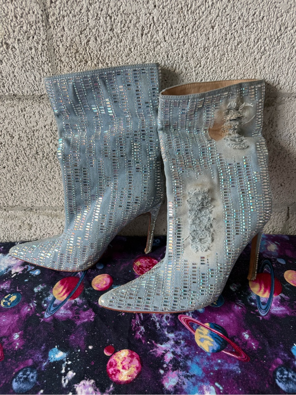 Metallic Light Blue Sequin Ankle Boots with Pointed Toe